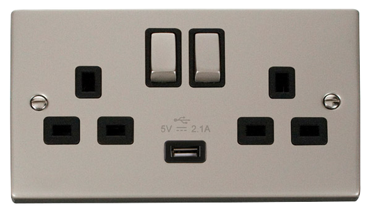 Click Deco 2 Gang 13A Switched Socket with 2.1A Type A USB Outlets Black Inserts VPxx570BK