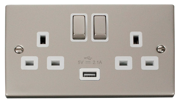 Click Deco 2 Gang 13A Switched Socket with 2.1A Type A USB Outlets White Inserts VPxx570WH