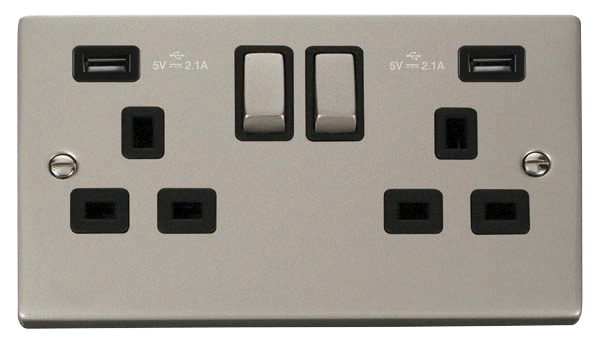 Click Deco 2 Gang 13A Switched Socket with Twin 2.1A Type A USB Outlets Black Inserts VPxx580BK