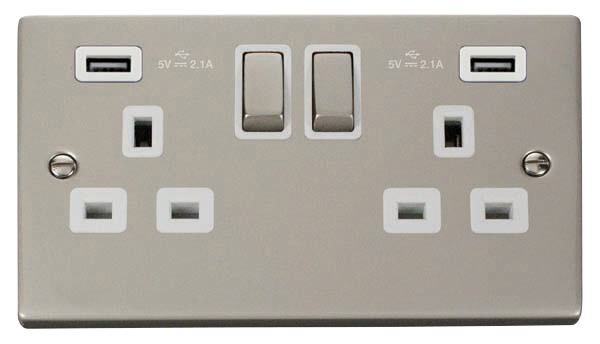 Click Deco 2 Gang 13A Switched Socket with Twin 2.1A Type A USB Outlets White Inserts VPxx580WH