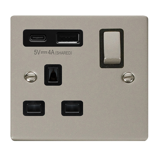Click Deco 1 Gang 13A Switch Socket with 4A Type A & C USB Outlets Black Inserts VPxx585BK