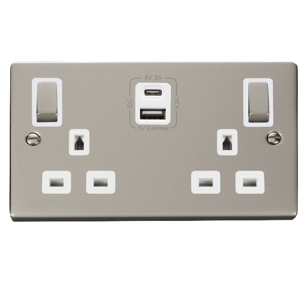 Click Deco 2 Gang 13A DP Switched Socket with 4.2A Type A & Type C USB Outlets White Inserts VPxx586WH