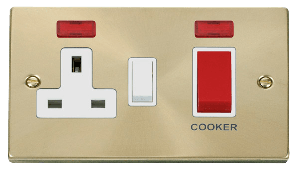 Click Deco 45A DP Switch with 13A DP Switched Socket Outlet Red Rocker with Neon White Inserts VPxx205WH
