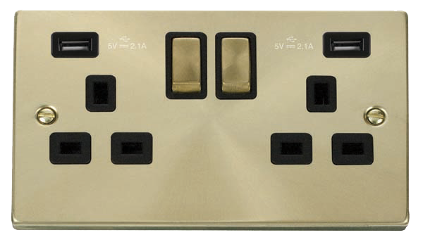 Click Deco 2 Gang 13A Switched Socket with Twin 2.1A Type A USB Outlets Black Inserts VPxx580BK