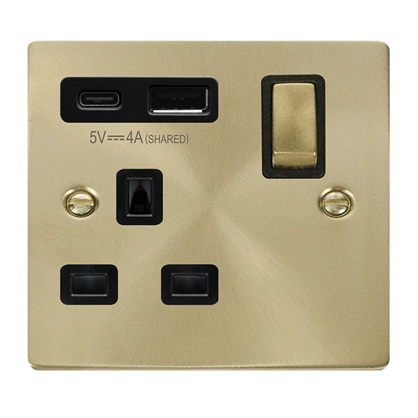 Click Deco 1 Gang 13A Switch Socket with 4A Type A & C USB Outlets Black Inserts VPxx585BK