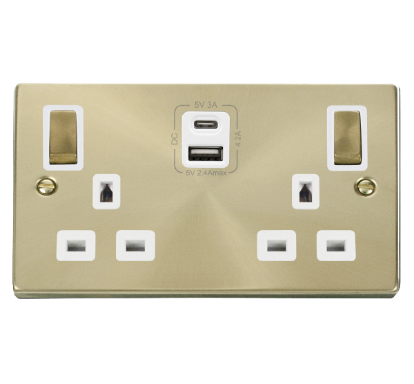Click Deco 2 Gang 13A DP Switched Socket with 4.2A Type A & Type C USB Outlets White Inserts VPxx586WH