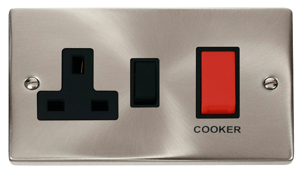 Click Deco 45A DP Switch with 13A DP Switched Socket Outlet Red Rocker Black Inserts VPxx204BK