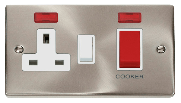 Click Deco 45A DP Switch with 13A DP Switched Socket Outlet Red Rocker with Neon White Inserts VPxx205WH