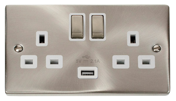 Click Deco 2 Gang 13A Switched Socket with 2.1A Type A USB Outlets White Inserts VPxx570WH