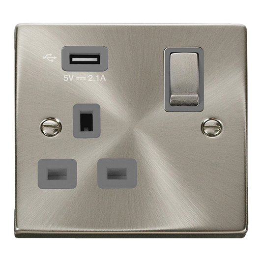 Click Deco 1 Gang 13A Switched Socket with 2.1A Type A USB Outlets Grey Inserts VPxx571UGY