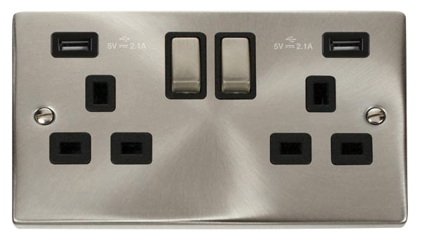 Click Deco 2 Gang 13A Switched Socket with Twin 2.1A Type A USB Outlets Black Inserts VPxx580BK