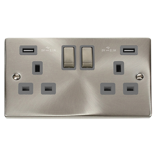 Click Deco 2 Gang 13A Switched Socket with Twin 2.1A Type A USB Outlets Grey Inserts VPxx580GY