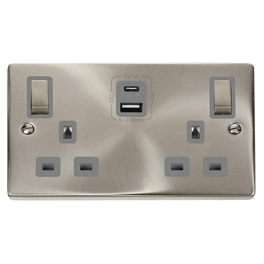 Click Deco 2 Gang 13A DP Switched Socket with 4.2A Type A & Type C USB Outlets Grey Inserts VPxx586GY