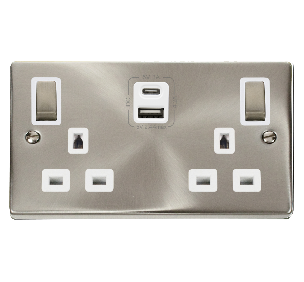 Click Deco 2 Gang 13A DP Switched Socket with 4.2A Type A & Type C USB Outlets White Inserts VPxx586WH