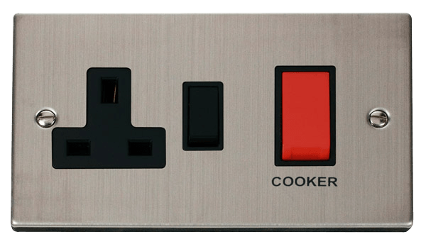 Click Deco 45A DP Switch with 13A DP Switched Socket Outlet Red Rocker Black Inserts VPxx204BK