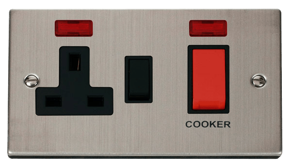Click Deco 45A DP Switch with 13A DP Switched Socket Outlet Red Rocker with Neon Black Inserts VPxx205BK