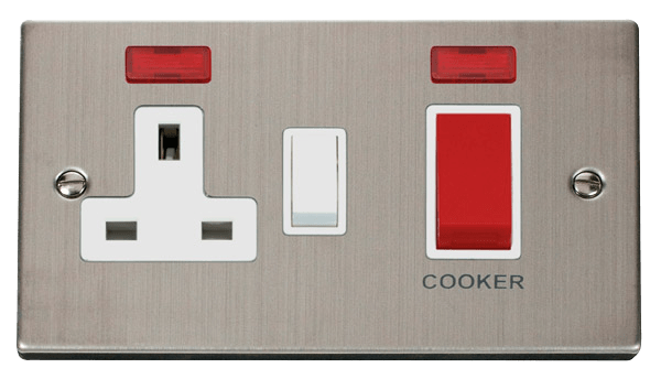 Click Deco 45A DP Switch with 13A DP Switched Socket Outlet Red Rocker with Neon White Inserts VPxx205WH