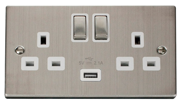Click Deco 2 Gang 13A Switched Socket with 2.1A Type A USB Outlets White Inserts VPxx570WH