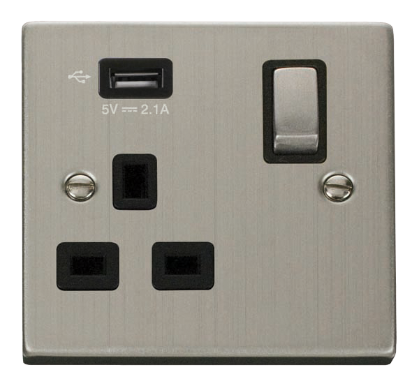 Click Deco 1 Gang 13A Switched Socket with 2.1A Type A USB Outlets Black Inserts VPxx571UBK