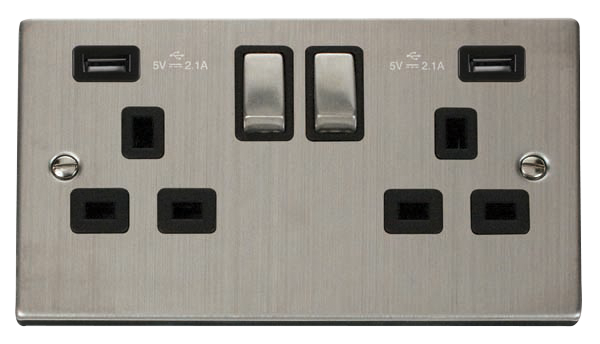 Click Deco 2 Gang 13A Switched Socket with Twin 2.1A Type A USB Outlets Black Inserts VPxx580BK