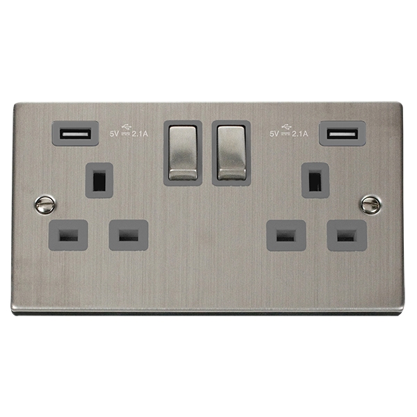 Click Deco 2 Gang 13A Switched Socket with Twin 2.1A Type A USB Outlets Grey Inserts VPxx580GY