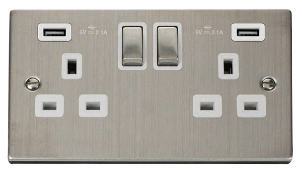 Click Deco 2 Gang 13A Switched Socket with Twin 2.1A Type A USB Outlets White Inserts VPxx580WH