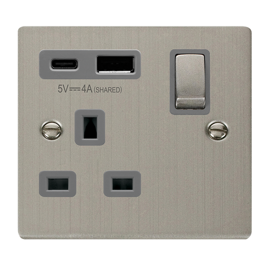 Click Deco 1 Gang 13A Switch Socket with 4A Type A & C USB Outlets Grey Inserts VPxx585GY