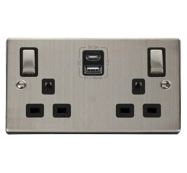 Click Deco 2 Gang 13A DP Switched Socket with 4.2A Type A & Type C USB Outlets Black Inserts VPxx586BK