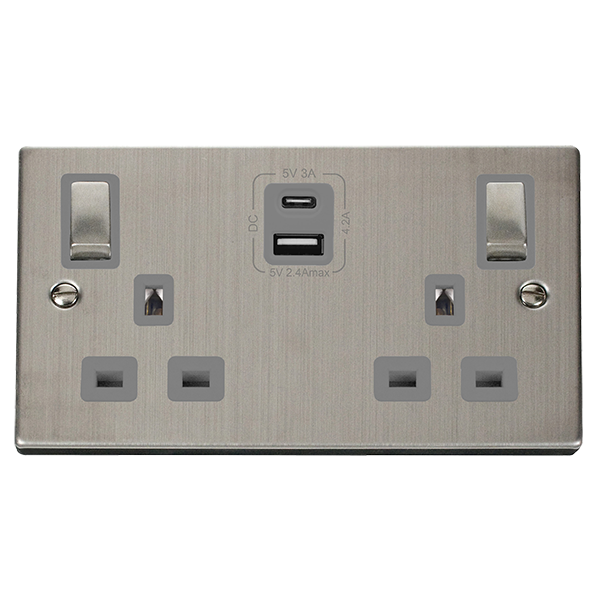 Click Deco 2 Gang 13A DP Switched Socket with 4.2A Type A & Type C USB Outlets Grey Inserts VPxx586GY