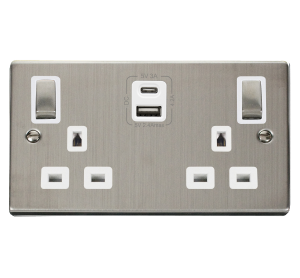 Click Deco 2 Gang 13A DP Switched Socket with 4.2A Type A & Type C USB Outlets White Inserts VPxx586WH