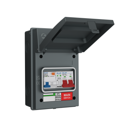 Live Electrical IP65 Grey 5 Way Metal 100A DP Main Switch & 20/40kA DP Surge Protection Device SPD & 40A DP B Curve RCBO EV Charging Unit AGU5-SRTB/G