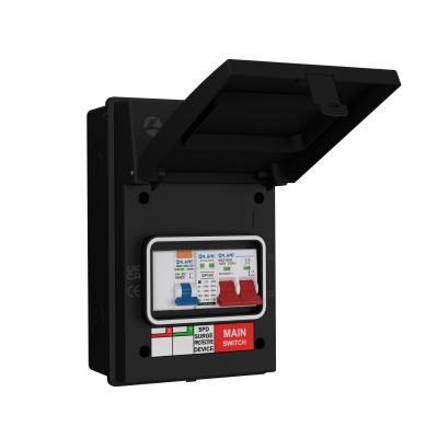 Live Electrical IP65 Black 5 Way Metal 100A DP Main Switch & 20/40kA DP Surge Protection Device SPD & 40A SP RCBO EV Charging Unit AGU5-SR/B