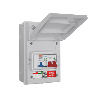 Live Electrical IP65 White 5 Way Metal 100A DP Main Switch & 20/40kA DP Surge Protection Device SPD & 40A SP RCBO EV Charging Unit AGU5-SR/W