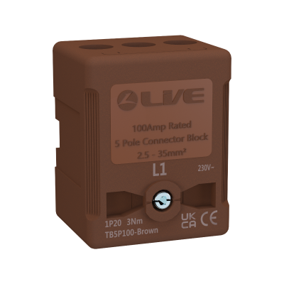Live Electrical 100A 5 Pole Brown Terminal Block TB5P100-Brown