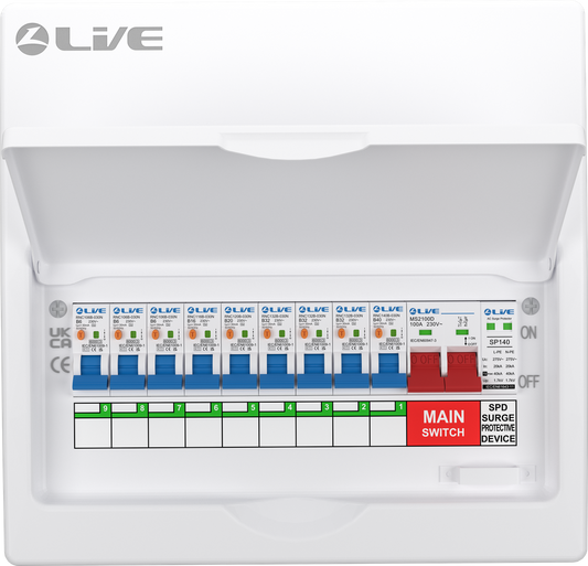 Live Electrical 12 Way SRN Metal Consumer Unit Populated with 100A Mains Switch + SPD + 9 x RCBO LSMC12SRN/100