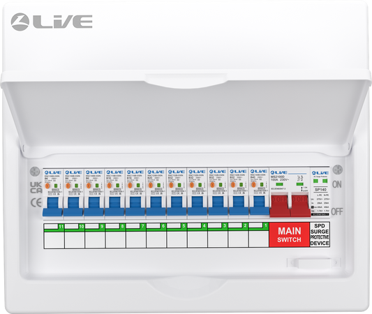 Live Electrical 14 Way SRN Metal Consumer Unit Populated with 100A Mains Switch + SPD + 11 x RCBO LSMC14SRN/100