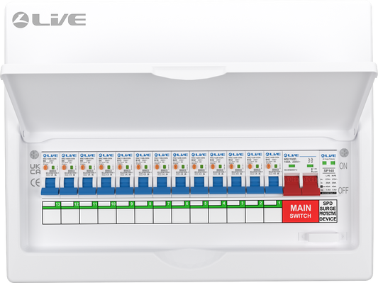 Live Electrical 16 Way SRN Metal Consumer Unit Populated with 100A Mains Switch + SPD + 13 x RCBO LSMC16SRN/100
