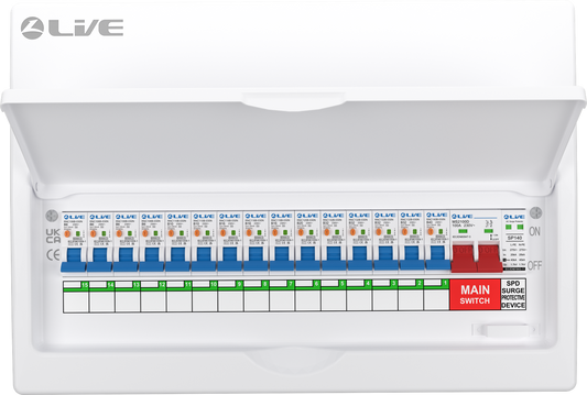 Live Electrical 18 Way SRN Metal Consumer Unit Populated with 100A Mains Switch + SPD + 15 x RCBO LSMC18SRN/100