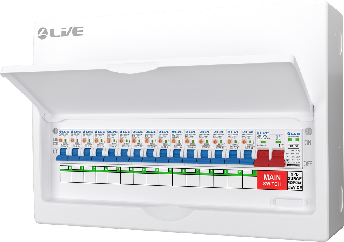 Live Electrical 18 Way SRN Metal Consumer Unit Populated with 100A Mains Switch + SPD + 15 x RCBO LSMC18SRN/100