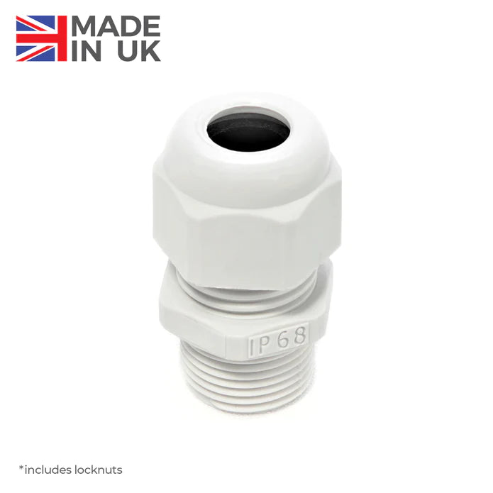 20mm White Nylon Domed Cable Gland & Locknut