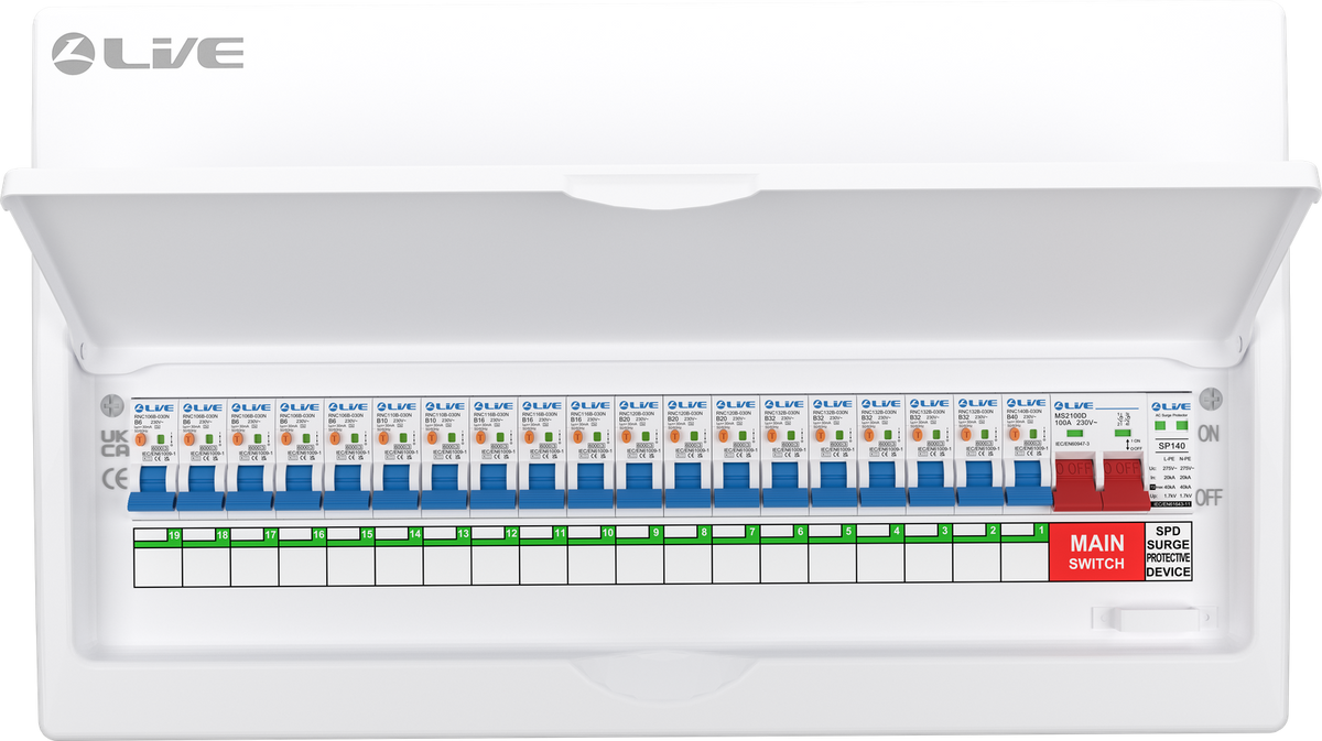 Live Electrical 22 Way SRN Metal Consumer Unit Populated with 100A Mains Switch + SPD + 19 x RCBO LSMC22SRN/100