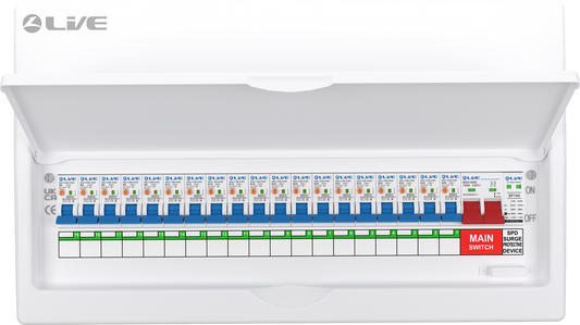 Live Electrical 22 Way SRN Metal Consumer Unit Populated with 100A Mains Switch + SPD + 19 x RCBO LSMC22SRN/100