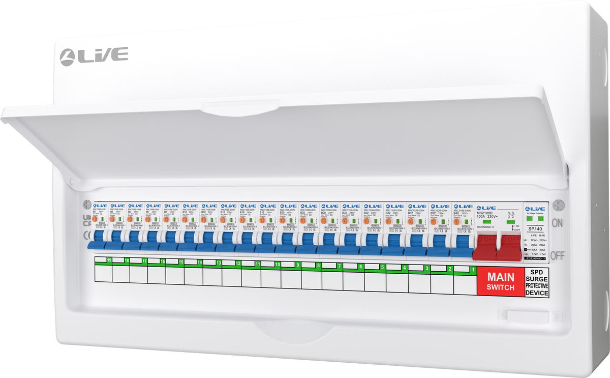 Live Electrical 22 Way SRN Metal Consumer Unit Populated with 100A Mains Switch + SPD + 19 x RCBO LSMC22SRN/100