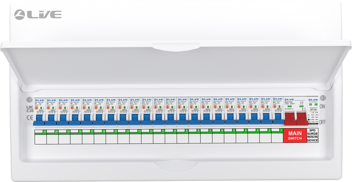 Live Electrical 24 Way SRN Metal Consumer Unit Populated with 125A Mains Switch + SPD + 21 x RCBO LSMC24SRN/125