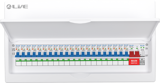 Live Electrical 24 Way SRN Metal Consumer Unit Populated with 125A Mains Switch + SPD + 21 x RCBO LSMC24SRN/125