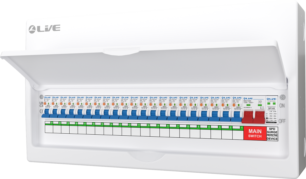 Live Electrical 24 Way SRN Metal Consumer Unit Populated with 125A Mains Switch + SPD + 21 x RCBO LSMC24SRN/125