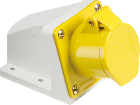 Knightsbridge 110v IP44 16A 2P+E Yellow Angled Surface Mount Socket IN003