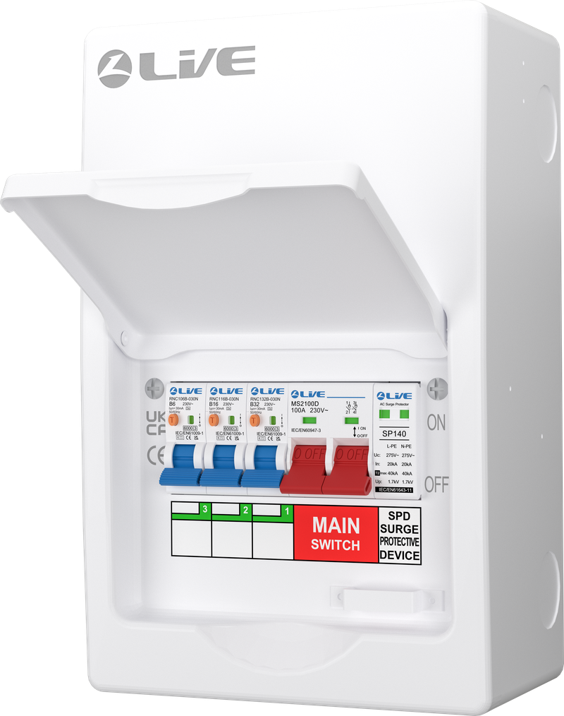 Live Electrical 6 Way SRN Metal Consumer Unit Populated with 100A Mains Switch + SPD + 3 x RCBO LSMC06SRN/100