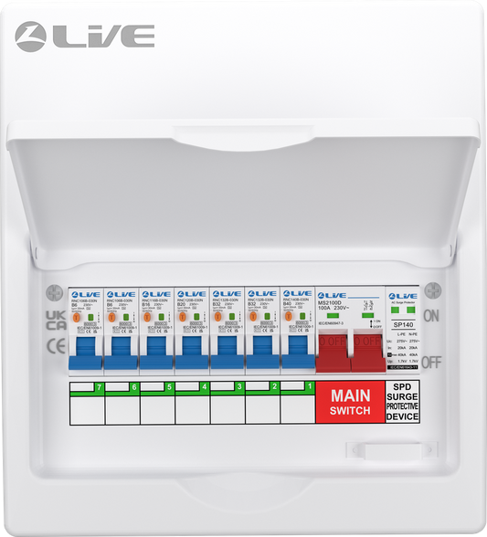 Live Electrical 10 Way SRN Metal Consumer Unit Populated with 100A Mains Switch + SPD + 7 x RCBO LSMC10SRN/100