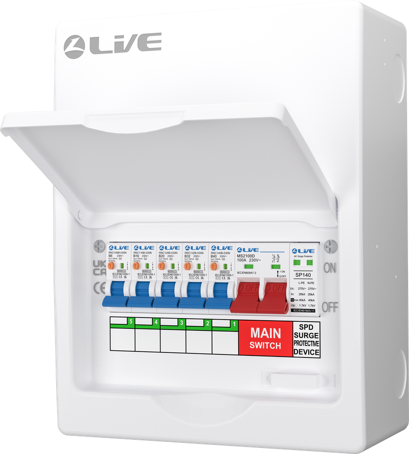 Live Electrical 8 Way SRN Metal Consumer Unit Populated with 100A Mains Switch + SPD + 5 x RCBO LSMC08SRN/100